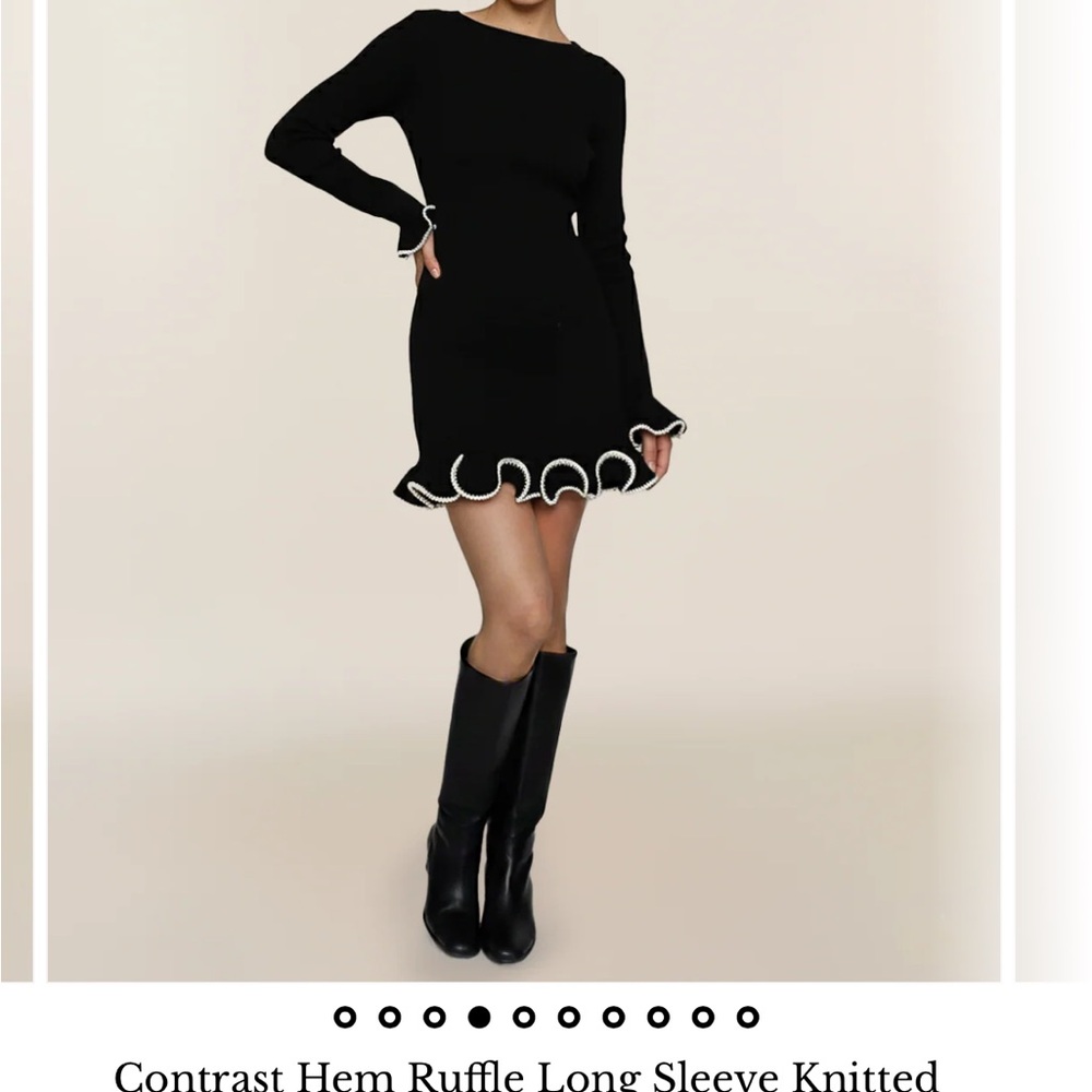 Contrast Hem Ruffle Long Sleeve Knit Dress - Black